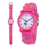 Reloj Niña Mariposa 3d Kawaii Impermeable Calidad Color De La Correa Fucsia