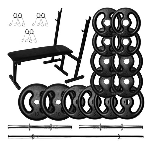 Kit 60kg Anilhas Com Barras De 40cm E 1,50m + Banco Supino