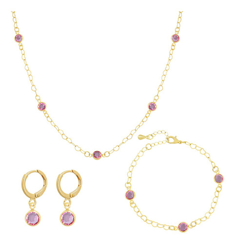 Cordão Chocker + Pulseira + Brinco Argola Pedras Strass Rosa