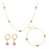 Cordão Chocker + Pulseira + Brinco Argola Pedras Strass Rosa