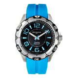 Reloj Nivada Sportman Unisex , Caucho Azul, Arábigos Correa Azul Claro Bisel Plateado Fondo Negro