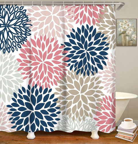 Cortina Para Baño 182cm X 182cm Pink And Navy Flowers