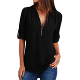 Blusa Moda Collar En V Cremallera Elegante Y Casual Camisa 