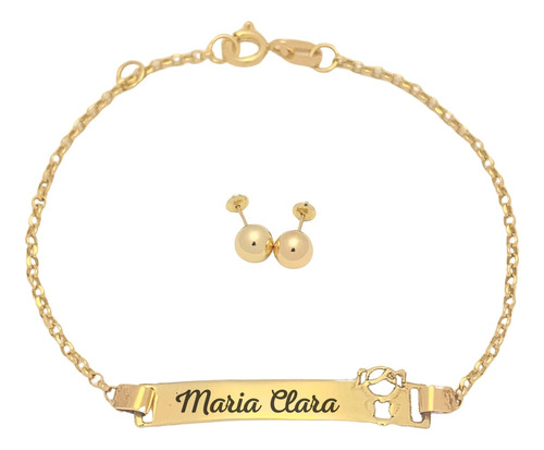 Pulseira Menina + Brinco 3mm Ouro Recém Nascido 0 A 10 Meses