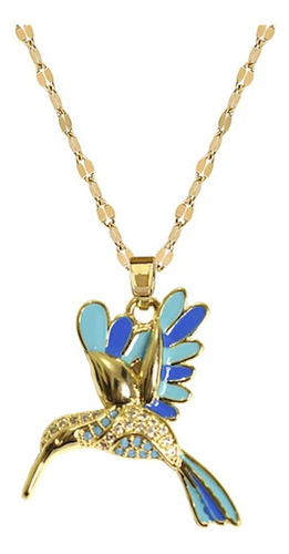 Collar Colibri Azul Dorado Pájaro Acero Quirurgico Picaflor 