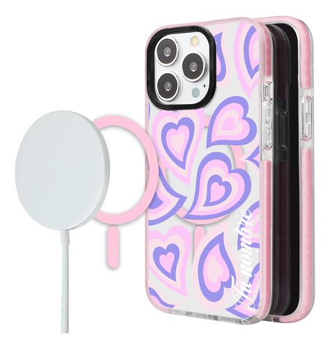 Funda Magsafe iPhone Para Mujer Corazones Morados Con Nombre