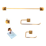 Kit Acessórios Banheiro Metal 5 Peças Luxo Quadrado Dourado