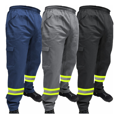 Kit 3 Calças De Uniformes Cores Variadas Com Faixa Refletiva