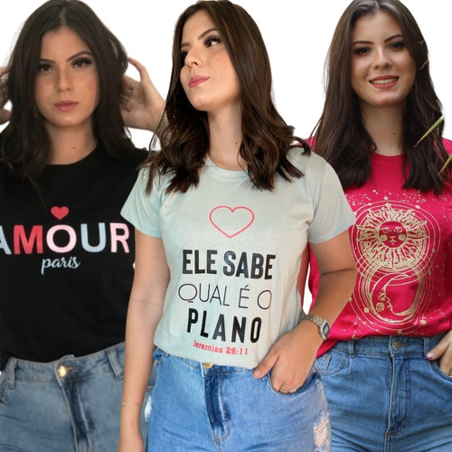 Kit 5 T-shirts Moda Feminina 100% Algodão Estampas Diversas