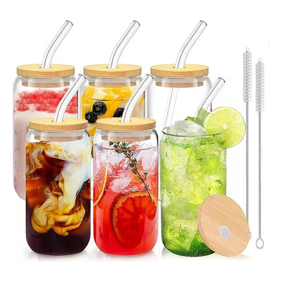 Set 6 Vasos De Vidrio Con Tapa De Bambú Y Pajitas De Vidrio Color Cristalino