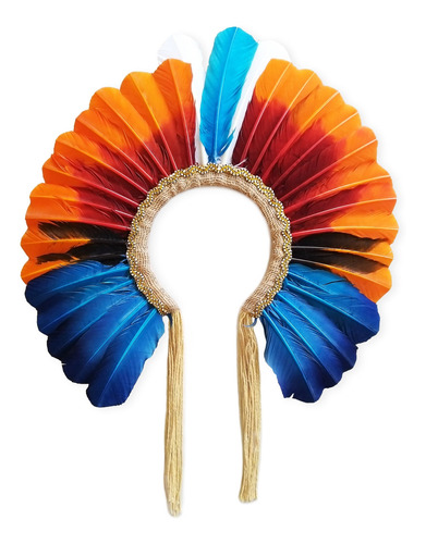 Cocar Indígena Penas Coloridas Decoração Laranja Com Azul