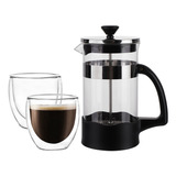 Set Cafetera 600ml Y 2 Pocillos Doble Vidrio 100ml Larhaus 