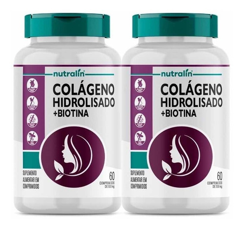 Kit 2 Colageno Hidrolisado + Biotina 500mg Cabelo Pele Unha