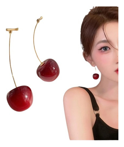 Aretes Largos Mujer Cerezas Rojas Cherry Tallos Dorados