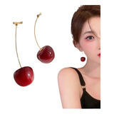 Aretes Largos Mujer Cerezas Rojas Cherry Tallos Dorados