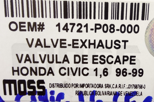 Valvula Escape Honda Civic 1.6 Moss 81-14721 Foto 3