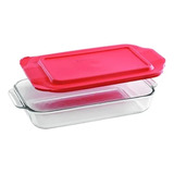 Fuente Rectangular 2,8 Lt Basics Pyrex Color Vidrio Transparente Con Tapa Plastica Roja