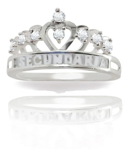 Anillo Graduación Corona Plata Secundaria Piedras Blancas