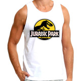 Camiseta Regata Jurassic Park Dinossauro Logo Amarelo