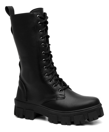 Bota Feminino Coturno Cano Alto Zíper Cadarço Lisa Casual...