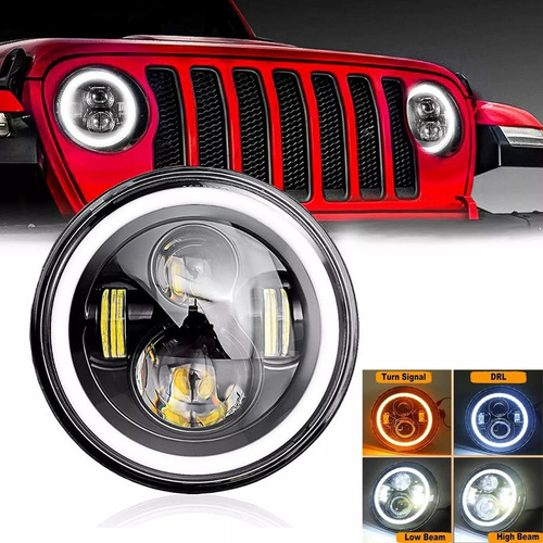 Farol Led 7 Polegadas H4 Olho Anjo Fusca Kombi Jeep Wrangler