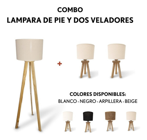 Combo Lámpara De Pie X1 + Velador Trípode X2 Vintage Nórdico