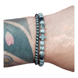 Pulsera Doble Cruz Hematita Piedra Grey Hombre Mujer Style