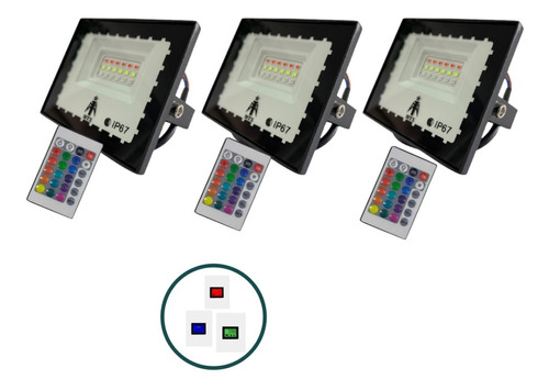 3x Refletor Holofote Colorido Rgb Led 10w Memória Controle