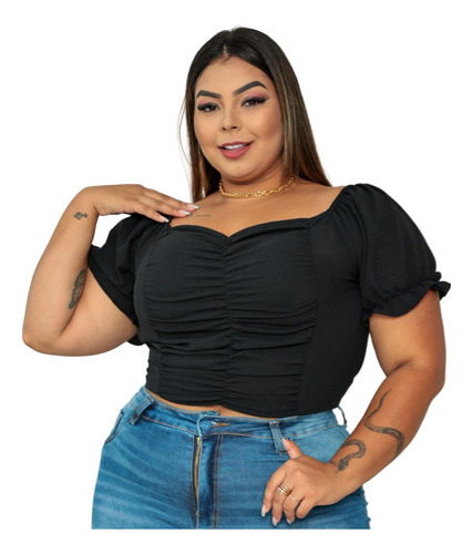 Blusa Cropped Elastex Ciganinha Ombro Manga Ombro Plus Size 