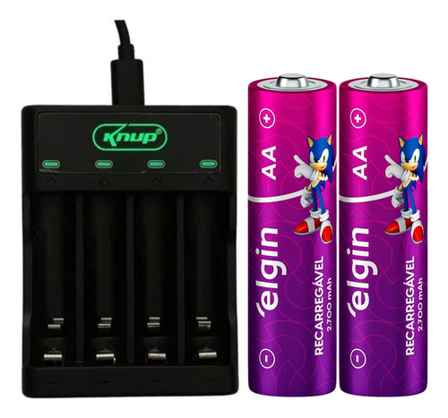 Carregador Pilha Aa/aaa Type-c + 2 Pilhas Aa 2700 Mah Elgin