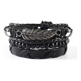 Pulsera Cuero Genuino Hombre Set 3 En 1 Pluma Ala Brazalete