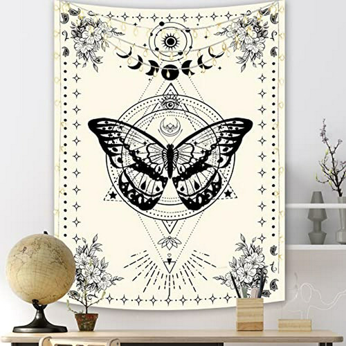 Tapestry Mariposa Vinilo Blanco Y Negro, 91x121cm.