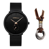 Relógio Masculino Luxo Casual Ultra Fino + Colar Dois Anéis
