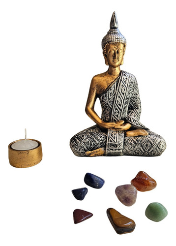 Kit Buda Meditando + Porta Velas C/ Vela + Pedra 7 Chakras