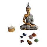 Kit Buda Meditando + Porta Velas C/ Vela + Pedra 7 Chakras