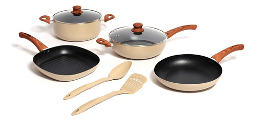 Set Batería Cocina 6 Piezas Antiadherente 2 Utensilios Carol Color Beige