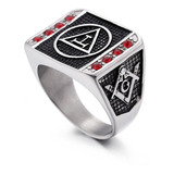 Anillo Acero Inoxidable Mason Piedra Roja Color Plata Hombre