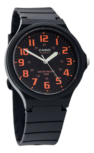 Reloj De Pulsera Casio Youth Mw-240-1b2 De Cuerpo Color Negro, Analógico, Para Hombre, Fondo Negro, Con Correa De Resina Color Negro, Agujas Color Blanco Y Negro Y Verde, Dial Naranja, Minutero/segund