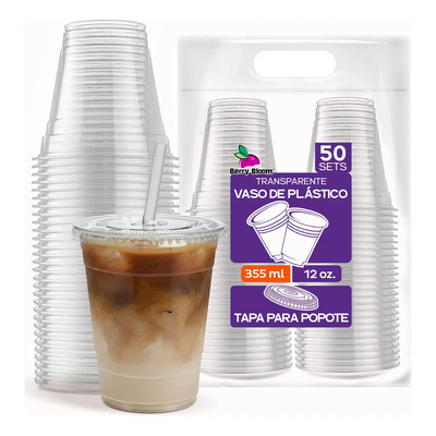 Berry Bloom 50 Vasos Desechables De Plástico Con Tapa Para Popote 12 Oz (355 ml) Transparentes Vasos Resistentes Perfectos Para Llevar Bebidas Frías | MercadoLibre