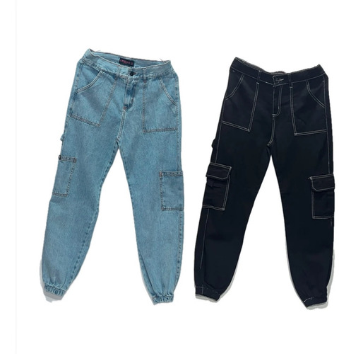 Pack X2 Jeans Mom Cargo Con Puño Celeste Lavado Y Negro Dama