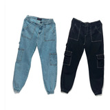 Pack X2 Jeans Mom Cargo Con Puño Celeste Lavado Y Negro Dama