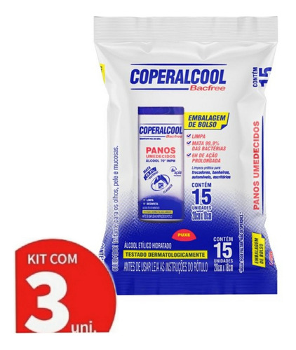 Panos Umedecidos Coperalcool Bacfree Kit C/ 3 Lenços De 15 