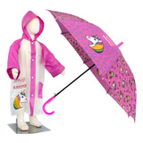 Kit Infantil Guarda Chuva Automático + Capa De Chuva Rosa