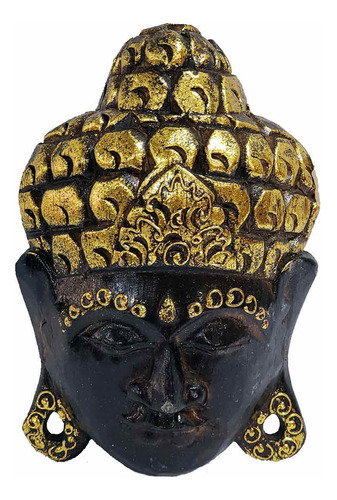 Máscara Cabeça De Buda Madeira Balsa Marrom Com Dourado 20cm