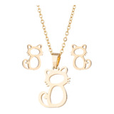 Set: Collar + Aretes Gato Cat Silueta Acero Inoxidable Calid