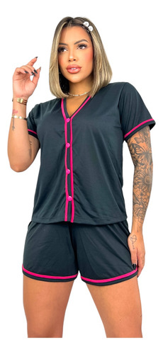 Pijama Feminino Blogueira Short E Blusa Com Botões Baby Doll