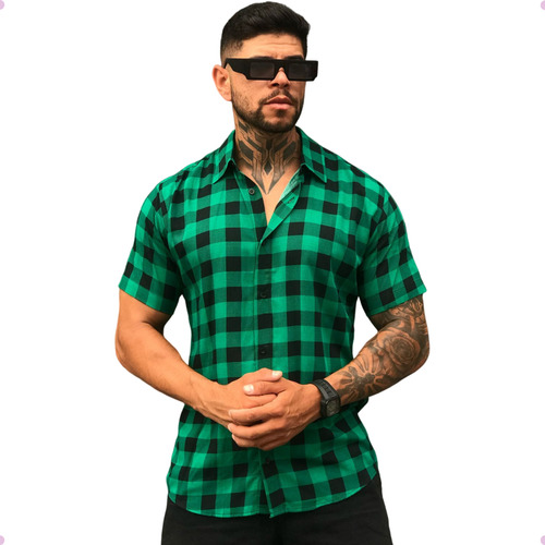 Camisa Xadrez Masculina Manga Curta Slim Flanela Botoes Top