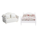 Miniatura Moderna 1/12, Cama Doble Floral Blanca Y Sofá, 1