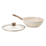 Frigideira Grande 28 Cm Panela Wok Ceramica Com Tampa Vidro