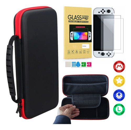 Case Capa Nintendo Switch Oled + Pelicula Vidro + 4 Grip